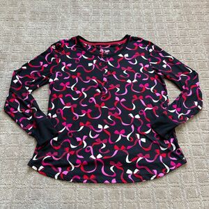 Kate Spade Henley Ribbon Bow Pajama Top Long Sleeve Sz Medium Black Pink *Flaw*